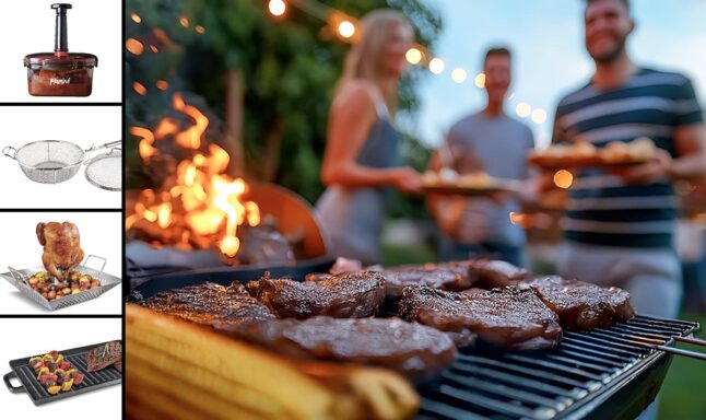 Group enjoying a backyard barbecue with steaks on the grill, surrounded by grilling accessories like a meat marinade container, fryer basket, chicken roaster, and grill pan.
