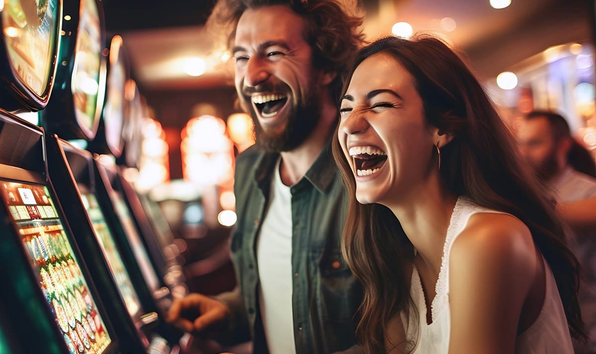 Man and woman laughing together while playing slot machines at a casino, enjoying the lively atmosphere.