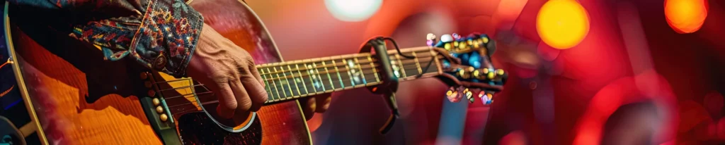 fairmount-park-and-casino-entertainment - Fairmount Park and Casino Close-up of a musician playing an acoustic guitar on stage, with colorful stage lights and a vibrant background creating a lively concert atmosphere.