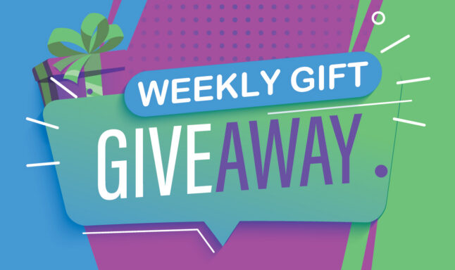 Colorful promotional banner reading 'WEEKLY GIFT GIVEAWAY' with a wrapped present illustration in blue, green, and purple hues.