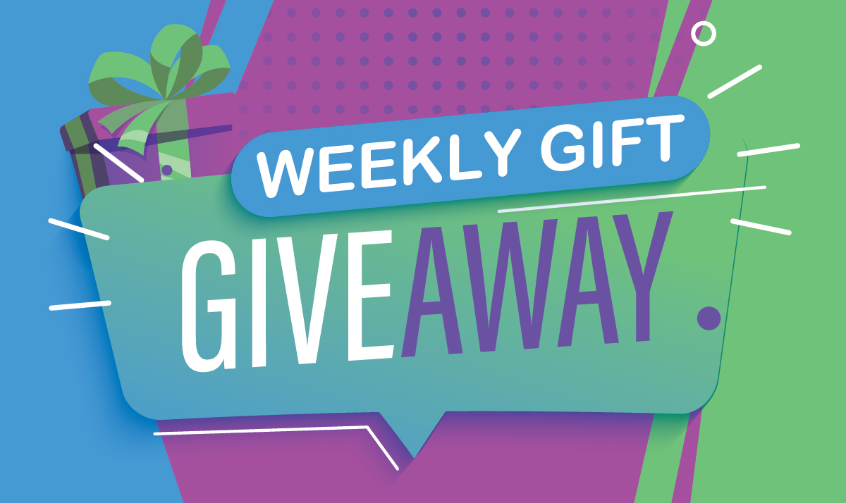 Colorful promotional banner reading 'WEEKLY GIFT GIVEAWAY' with a wrapped present illustration in blue, green, and purple hues.